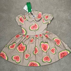 NWT Molo Girls’ dress- beige smiley heart print size 3-4